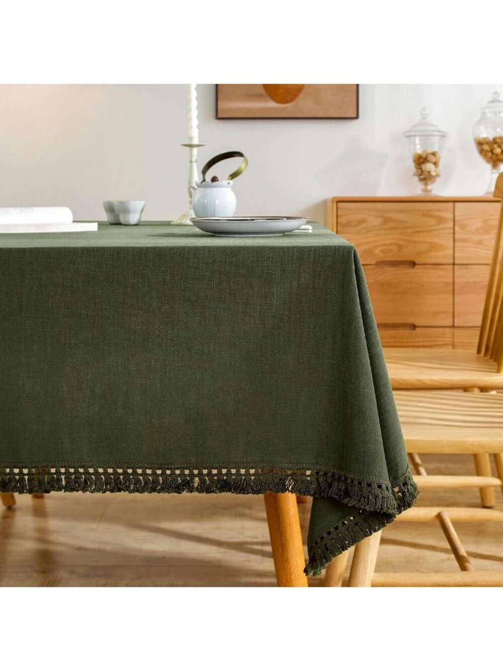 Natural Linen Tablecloth with Tassels - Decorative Rectangle Cover for Dining